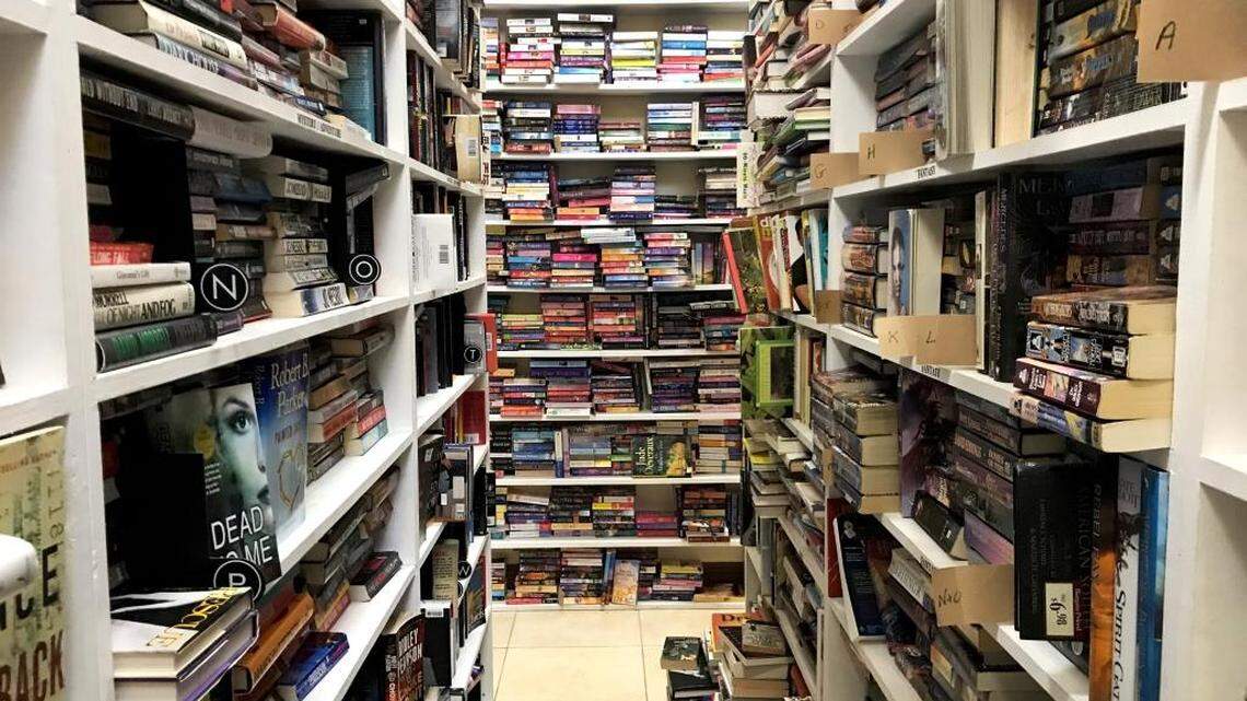 Bookshelves at the Kendall Book Exchange.