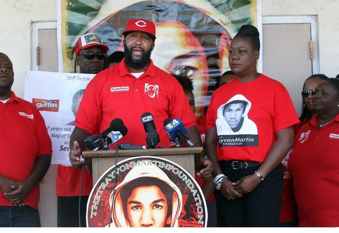 Sybrina Fulton, right, and Tracy Martin, mother and father of Trayvon Martin, meet with the press in 2015.