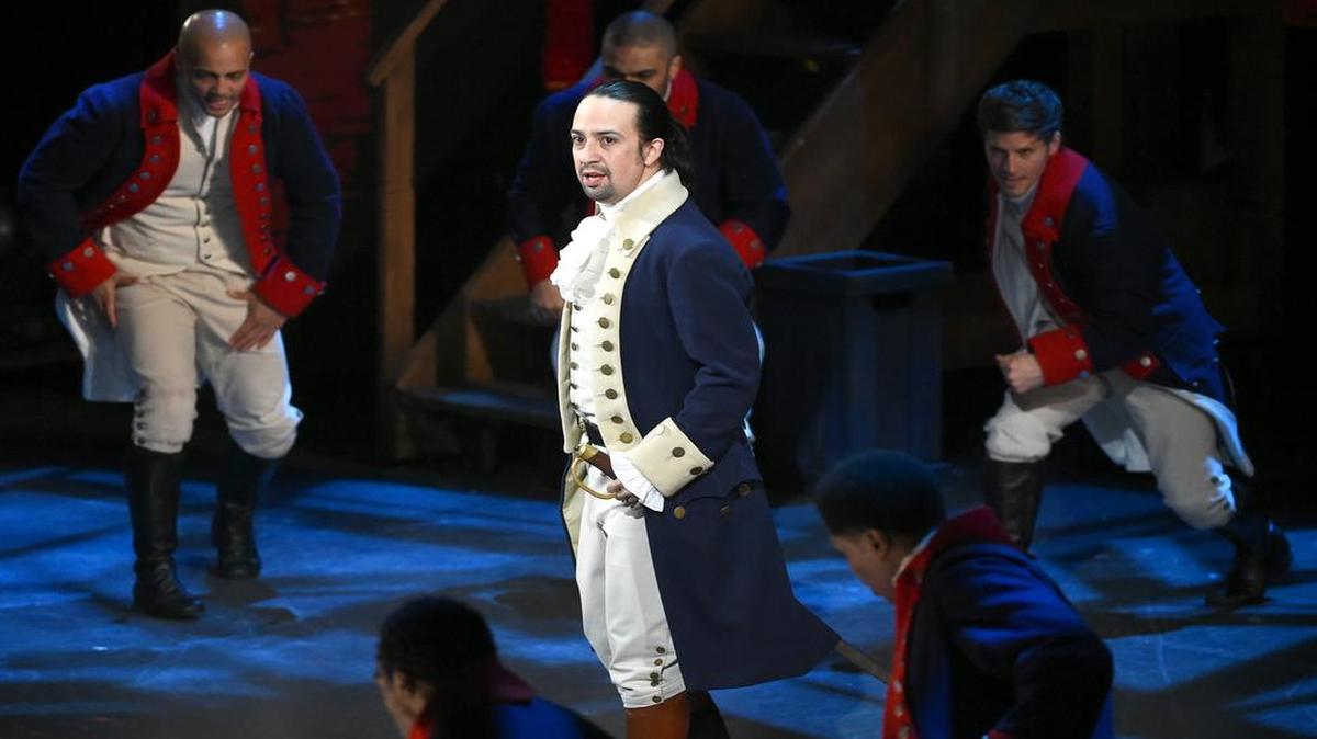 Lin-Manuel Miranda and the cast of ‘Hamilton’ perform ‘The Battle of Yorktown’ at the Tony Awards in New York. ‘Hamilton’ took home 11 awards.