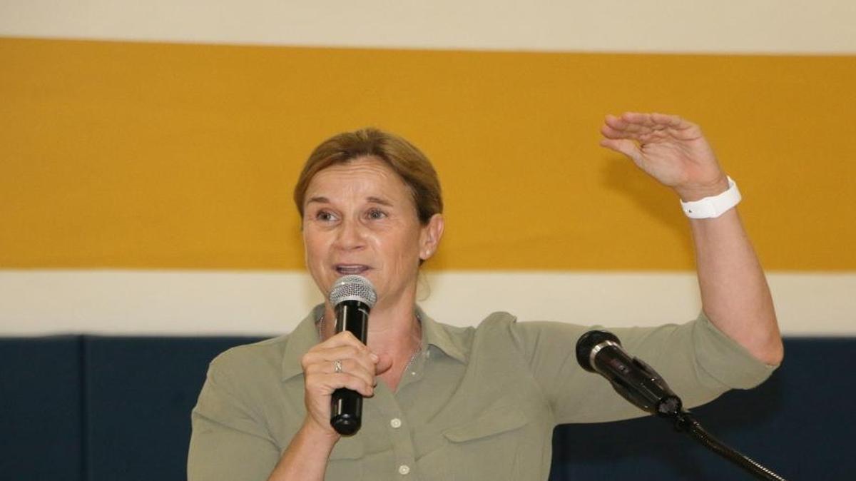 U.S. Women’s World Cup coach Jill Ellis, a Palmetto Bay resident, speaks at Palmer Trinity school after winning the 2015 World Cup.