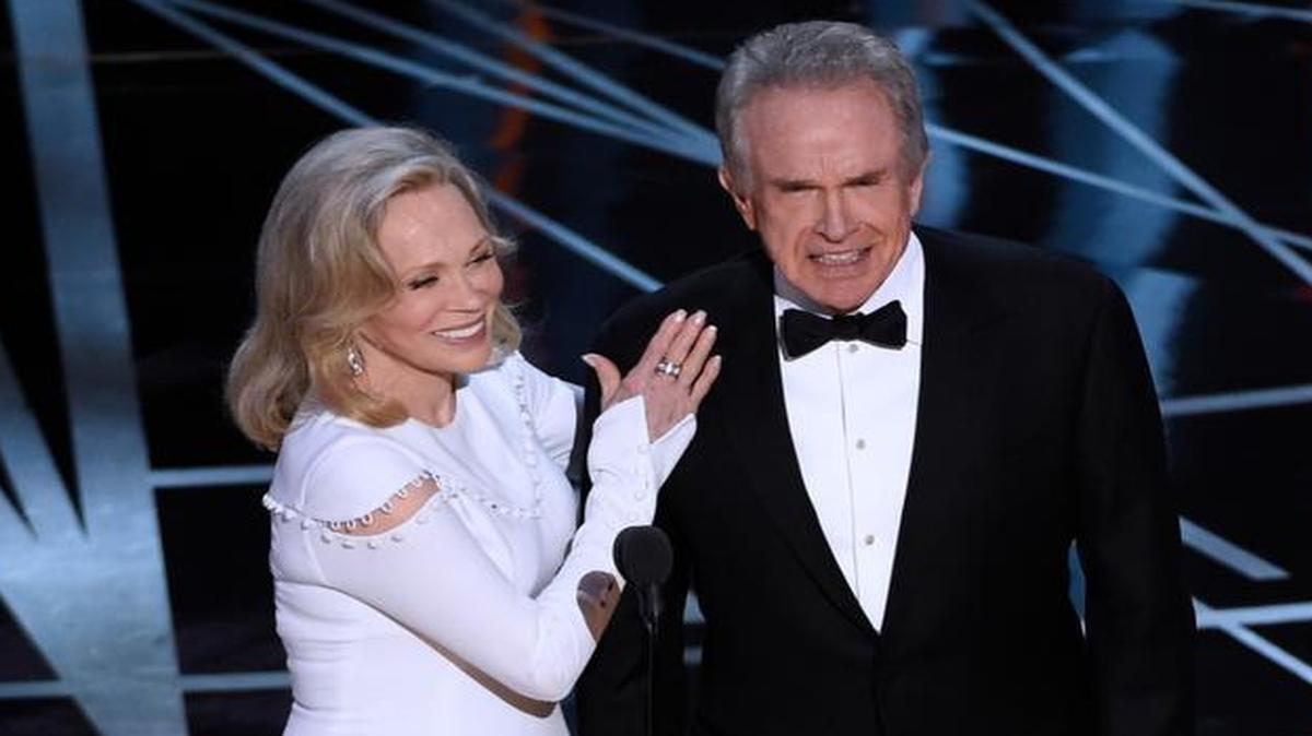 Faye Dunaway, left, and Warren Beatty present the award for best picture at the Oscars on Sunday, Feb. 26, 2017, at the Dolby Theatre in Los Angeles.