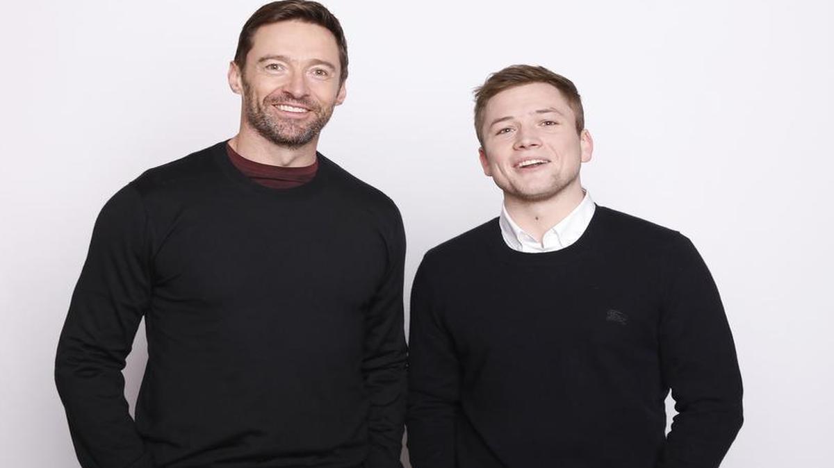 Actors Hugh Jackman, left, and Taron Egerton pose for a portrait to promote the film, "Eddie the Eagle", at the Toyota Mirai Music Lodge during the Sundance Film Festival on Tuesday, Jan. 26, 2016 in Park City, Utah.