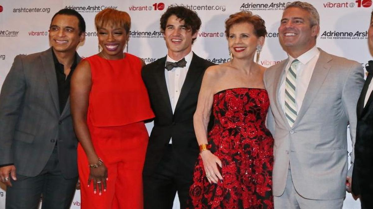 Jon Secada, Estelle, Darren Criss, Adrienne Arsht, Andy Cohen and Michael Feinstein at the Arsht Center’s 10th anniversary gala and concert