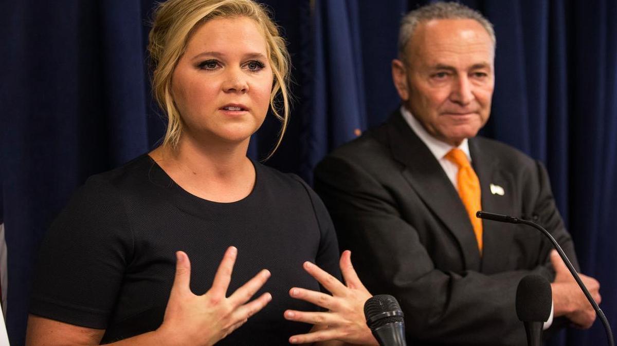 
Comedian Amy Schumer and U.S. Senator Chuck Schumer (D-NY) speak at a press conference calling for tighter gun laws in an effort to stop mass shootings and gun violence. 
