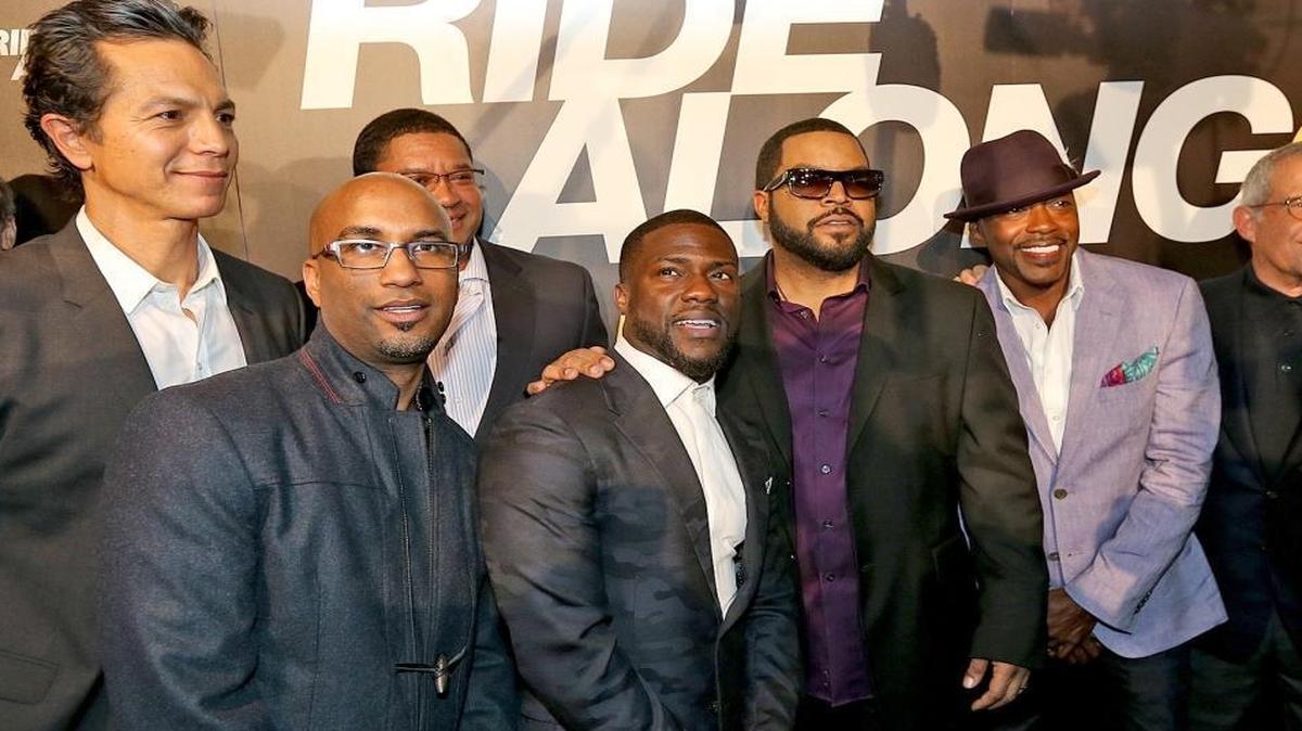 Kevin Hart and Ice Cube (center) take to the red carpet with fellow cast members and and crew at the world premiere of RIDE ALONG 2 at the Regal Cinemas South Beach on Wednesday January 6, 2016.