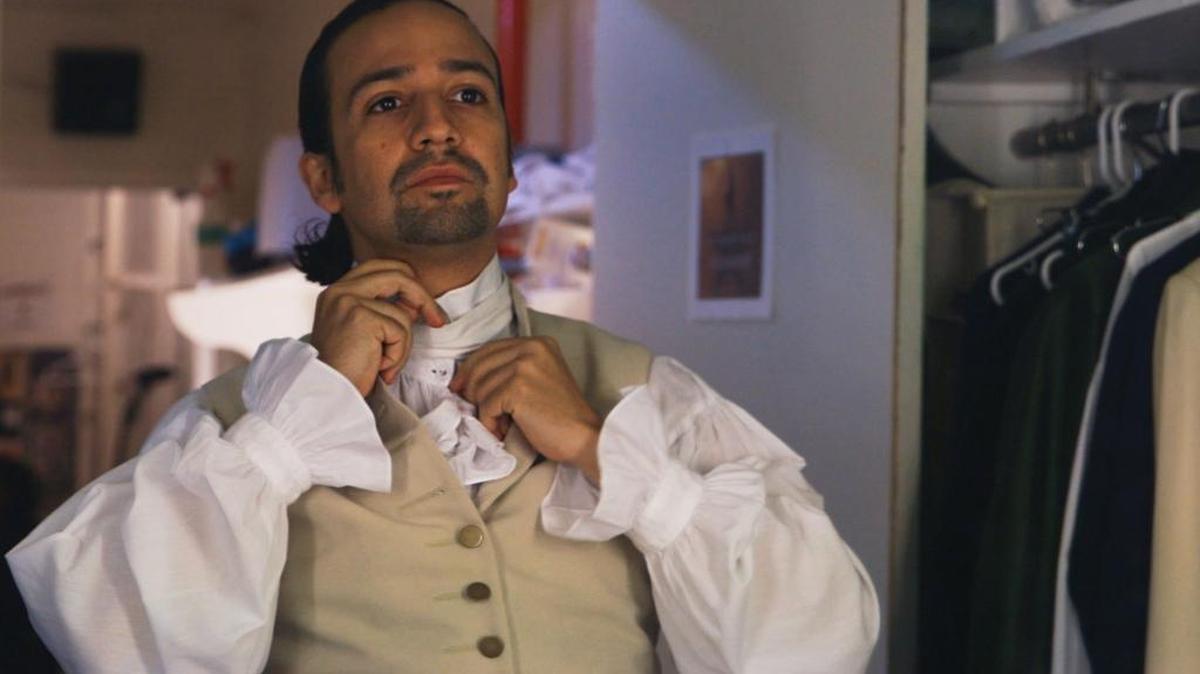 Lin-Manuel Miranda backstage at the Richard Rodgers Theatre, New York, NY, in a scene from “Hamilton's America”