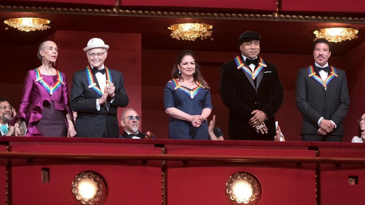 The 2017 Kennedy Center Honors recipients are introduced to the full house at the Kennedy Center Opera House during the Honors Gala Performance on Sunday, Dec. 3, 2017. From left are Carmen de Lavallade, Norman Lear, Gloria Estefan, LL Cool J, Lionel Richie.