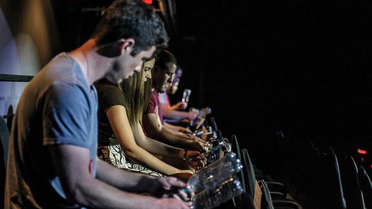 Performers in Juraj Kojs’ “Bang for a Train” at the Miami Light Project Here & Now festival