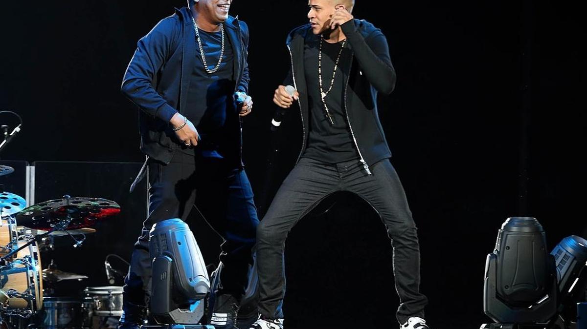 Gente de Zona (Alexander Delgado, left, and Randy Malcom) performing with Marc Anthony at AmericanAirlines Arena last October