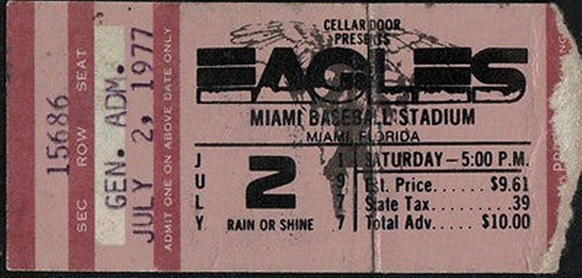 A concert stub from the Eagles/Jimmy Buffett and the Coral Reef Band show at the Miami Baseball Stadium on July 2, 1977.