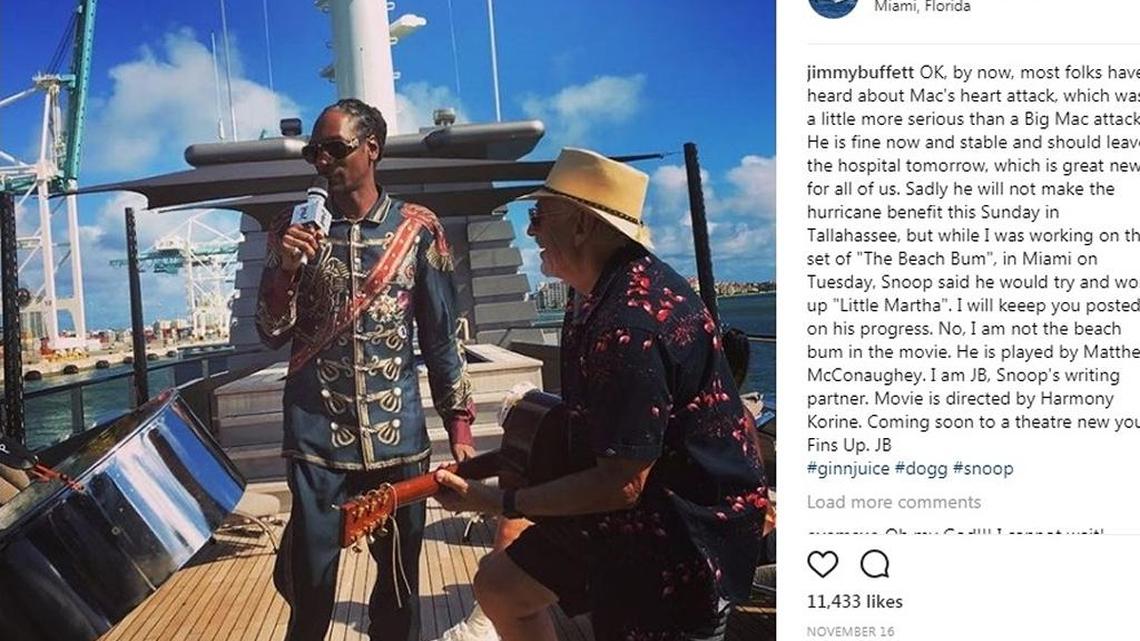 Jimmy Buffett and Snoop Dogg filmed a scene together in mid-November for the coming made-in-Miami movie, “The Beach Bum,” co-starring Matthew McConaughey.