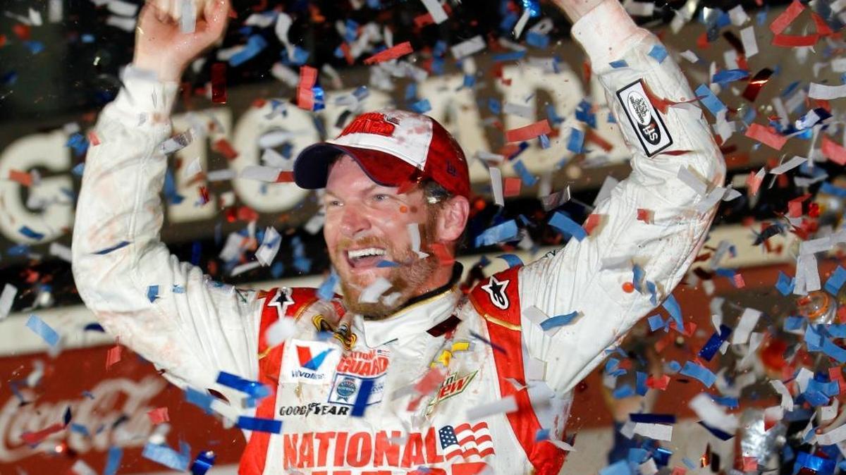 In this Feb. 23, 2014, file photo, Dale Earnhardt Jr. celebrates in Victory Lane after winning the NASCAR Daytona 500 Sprint Cup series auto race at Daytona International Speedway in Daytona Beach. Earnhardt will retire after Sunday's race having never won a championship. He never filled his father's shoes on the race track. But he won two Daytona 500s and built an army of loyal fans.