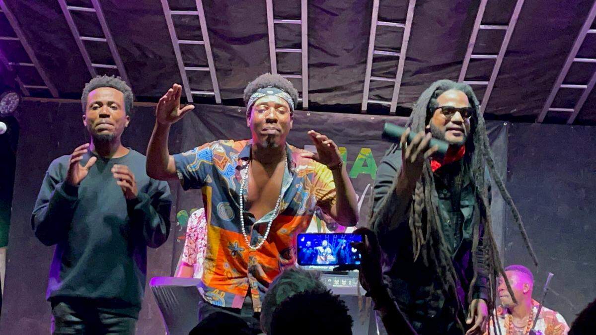 Haitian artist Paul Beaubrun, right, closes out Haiti’s Pap Jazz Festival in January 2023 in the northern city of Cap-Haitien. Beaubrun’s parents are members of the Grammy-nominated&nbsp;band Boukman Eksperyans, which is performing Saturday, May 20, 2023 at Miami’s Haitian Compas Festival. 
