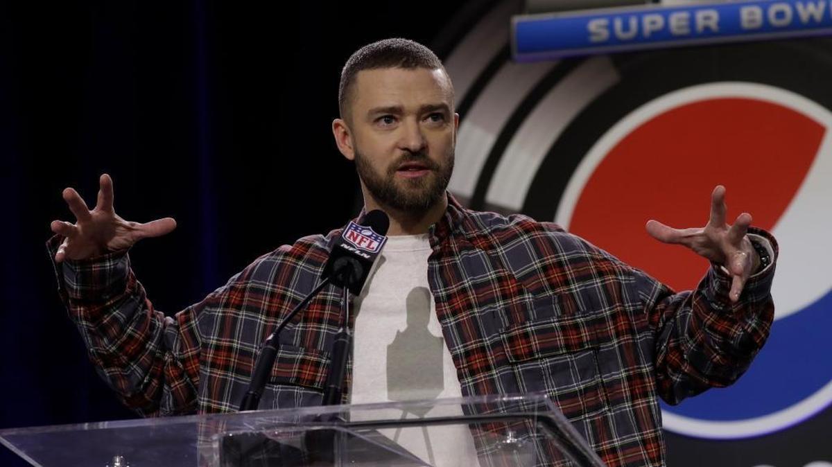 Justin Timberlake answers questions during a news conference for the NFL Super Bowl 52 football game halftime show Thursday, Feb. 1, 2018, in Minneapolis.