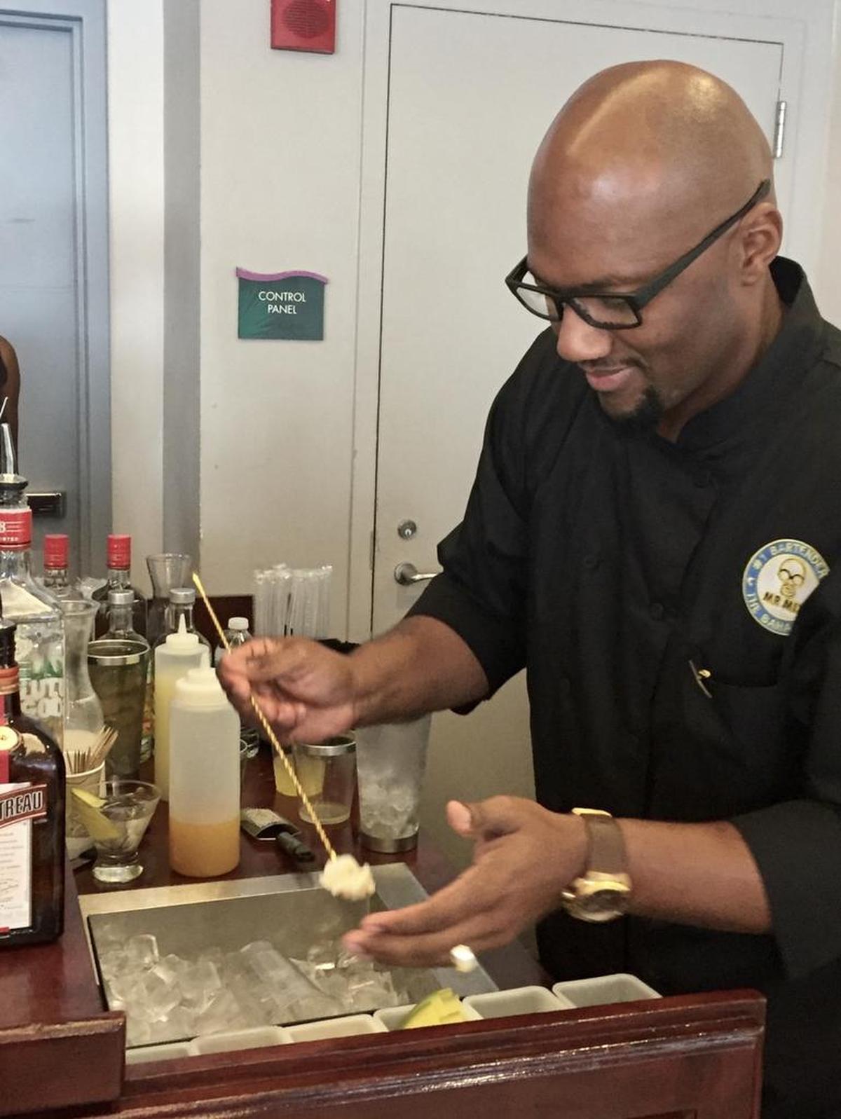 Marv Cunningham, two-time Caribbean bartender of the year, makes a tropical Cosmopolitan.