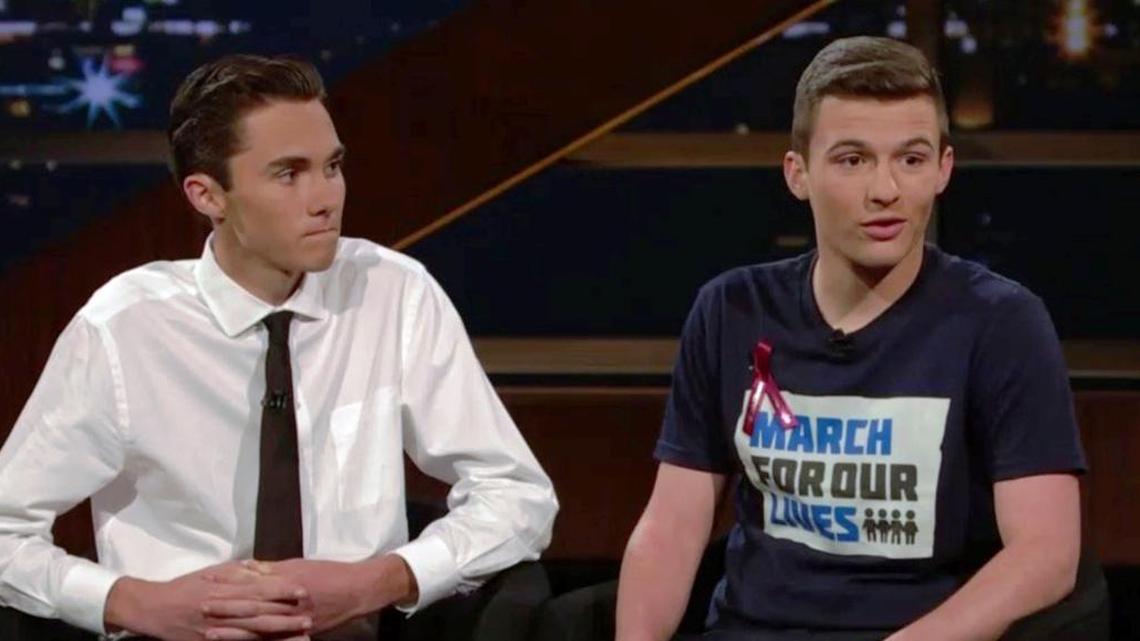 David Hogg, 17, left, and Cameron Kasky, 17, were featured guests in a 10-minute segment on HBO’s “Real Time With Bill Maher” on March 2, 2018.