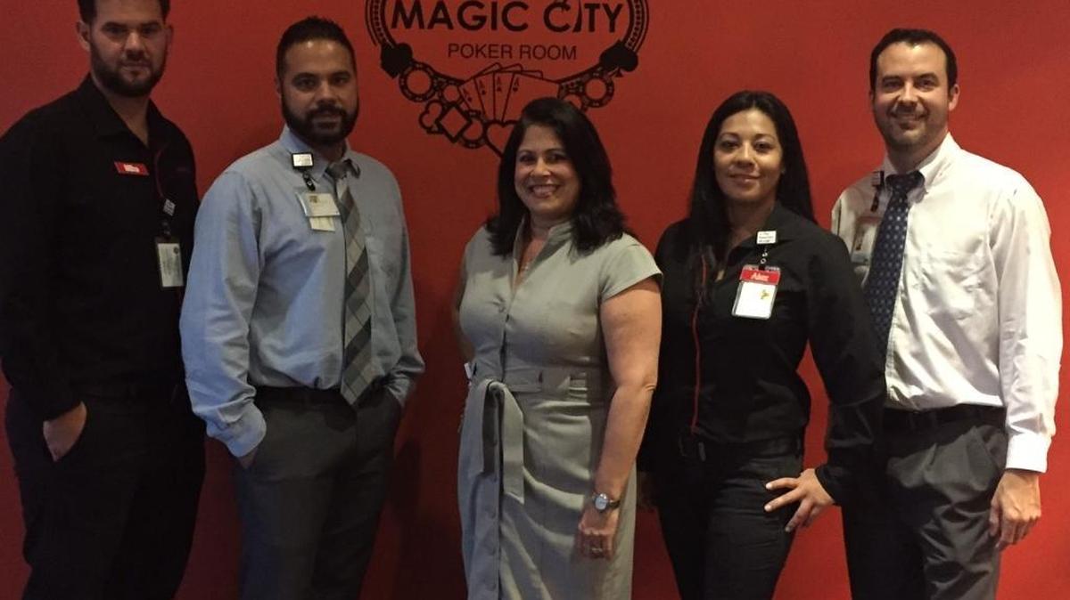Magic City staff includes dealer Michael Romero, left, supervisor Daniel Quintana, cardroom manager Ileana Zamora, dealer Alejandra Pote and supervisor Joecir Tomasoni.