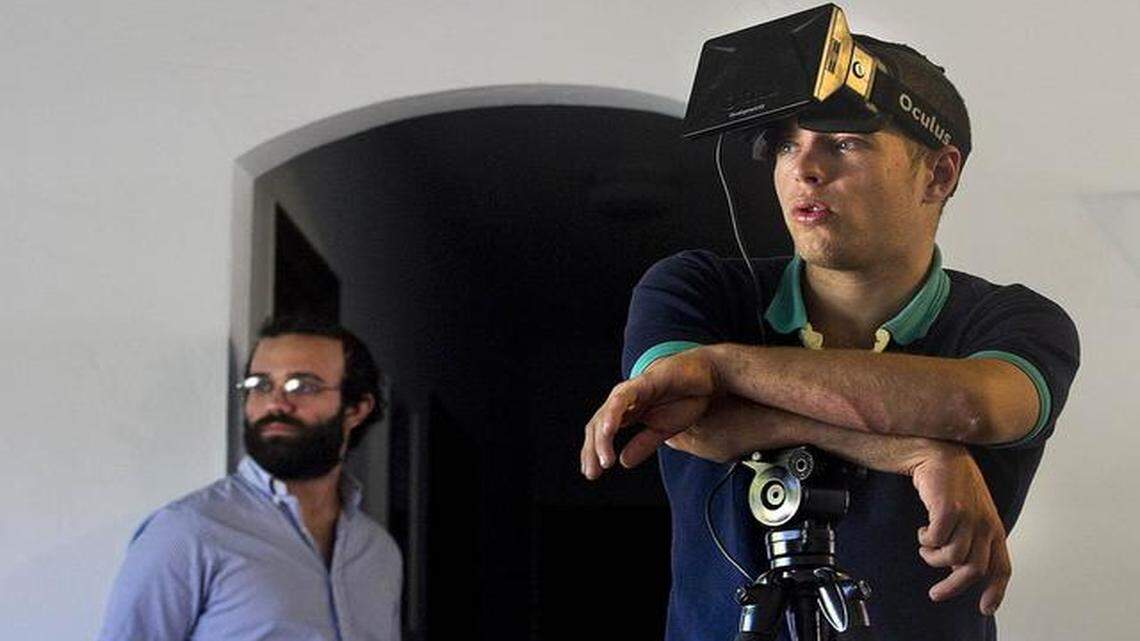 
Julian Yuri Rodriguez, right, and Andres Rivera have produced a "virtual reality" film for the Borscht Film Festival that puts the viewer in 360-degree images of Havana sites with the help of the Oculus viewer on Julian's head.
