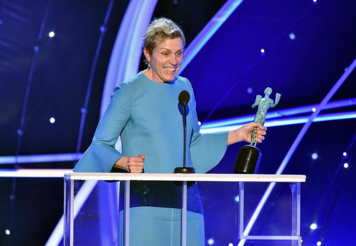 Frances McDormand accepts the award for outstanding performance by a female actor in a leading role for “Three Billboards Outside Ebbing, Missouri” at the 24th annual Screen Actors Guild Awards at the Shrine Auditorium & Expo Hall on Sunday, Jan. 21, 2018, in Los Angeles.