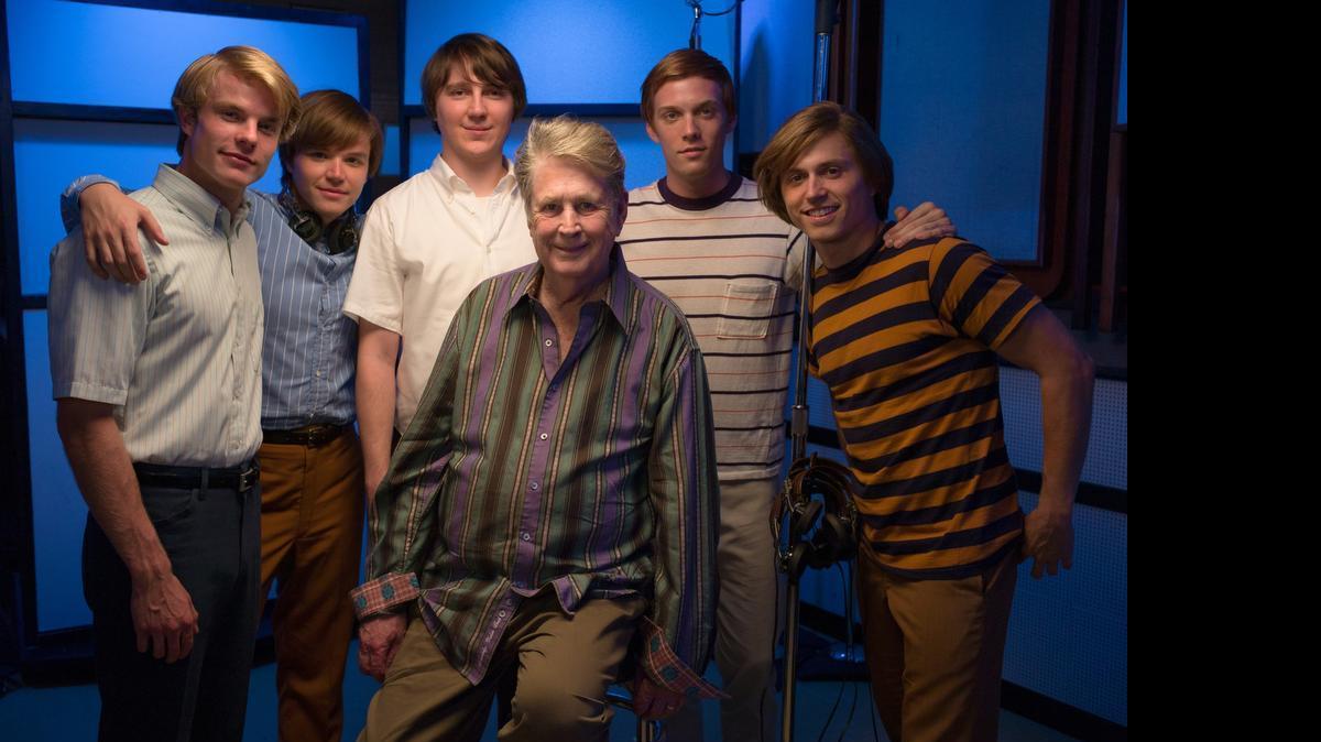 
WILSON AND CAST: Brian Wilson (center) meets with members of the cast of ‘Love & Mercy’ who portray the Beach Boys. From left to right:
Graham Rogers, Brett Davern, Paul Dano, Wilson, Jake Abel, Kenny Wormald.
