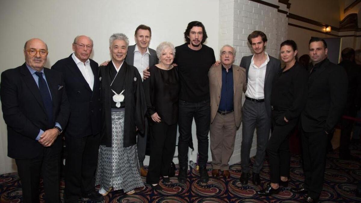 (l. to r.) Irwin Winkler, Dante Ferretti, Issey Ogata. Liam Neeson, Thelma Schoonmaker, Adam Driver, Martin Scorsese, Andrew Garfield, Emma Tillinger Koskoff and Miami native Randall Emmett attended a special screening of ‘Silence’ in Los Angeles on Dec. 4.