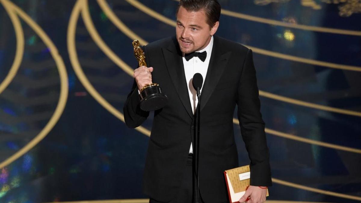 Leonardo DiCaprio accepts the award for best actor in a leading role for “The Revenant” at the Oscars on Sunday, Feb. 28, 2016, at the Dolby Theatre in Los Angeles.