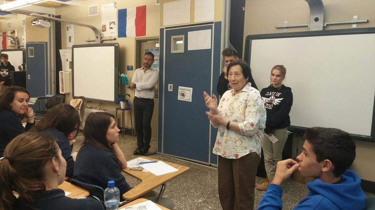 Fanny Ben Ami on Feb. 14 tells students at International Studies Charter High School in Little Havana her experiences as a Jewish child escaping the Nazi regime during World War II.