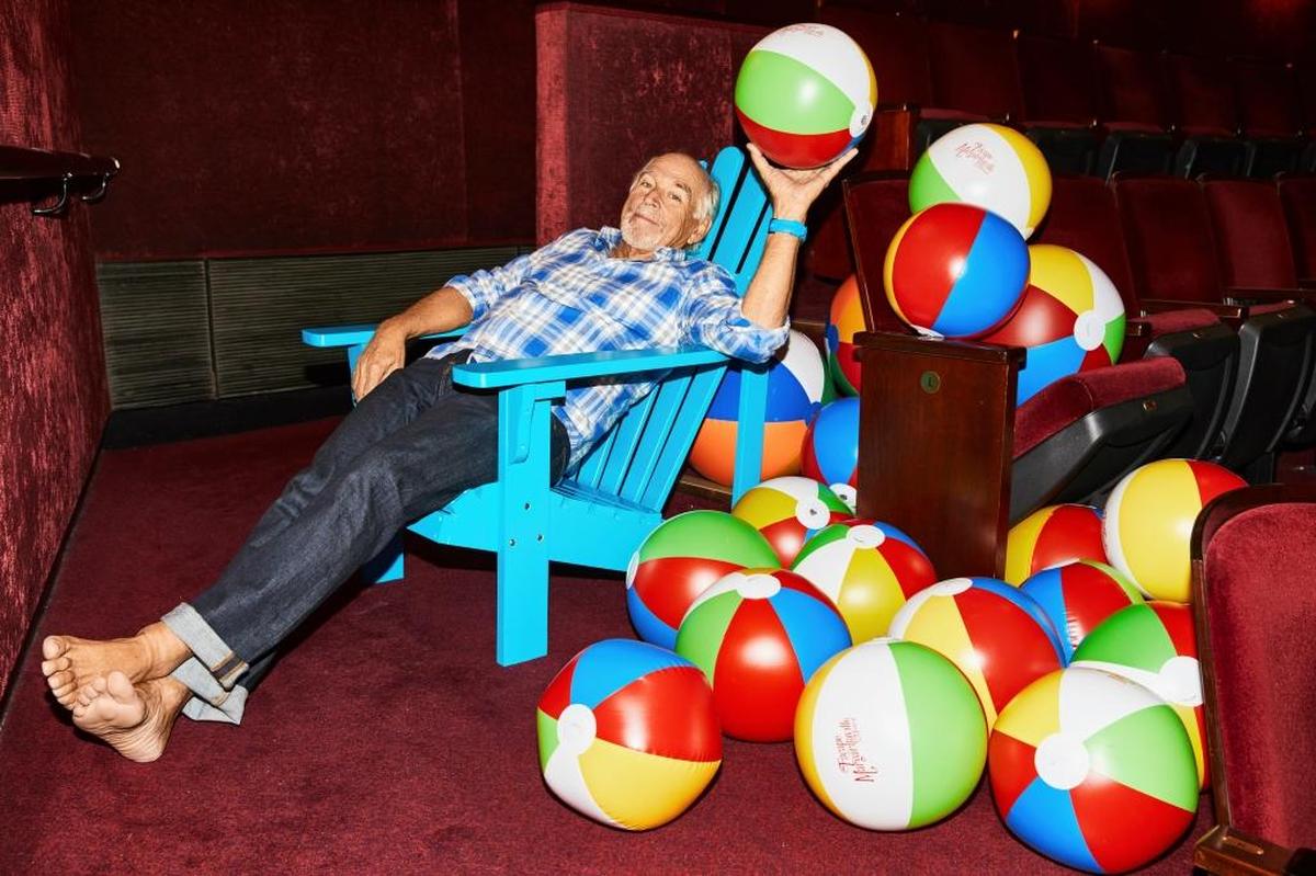 Jimmy Buffett with promotional beach balls at the Marquis Theater, where “Escape to Margaritaville,” is scheduled to start previews this month, in New York, Jan. 22, 2018.
