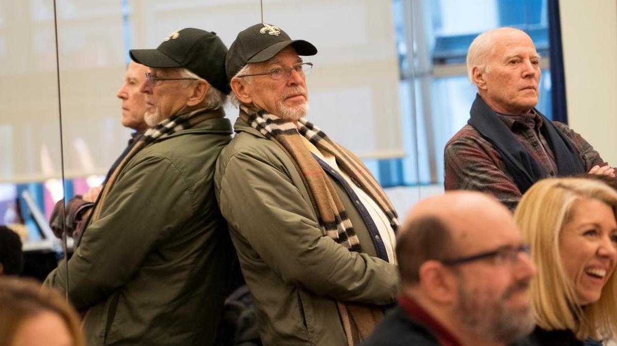 Jimmy Buffett, left, and producer Frank Marshall watch a rehearsal for “Escape to Margaritaville,” in New York, Feb. 2, 2018.