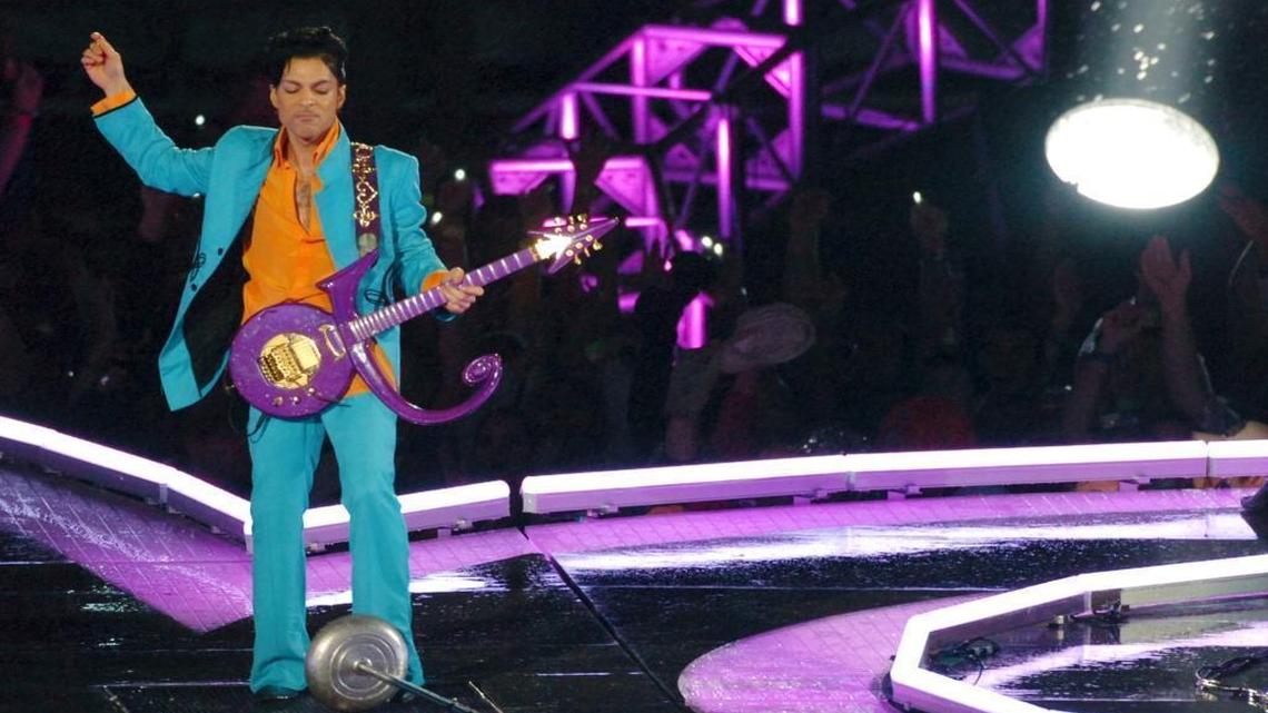 Prince in performance at a rain-soaked Super Bowl XLI that featured Chicago Bears vs. Indianapolis Colts on Feb. 4, 2007.