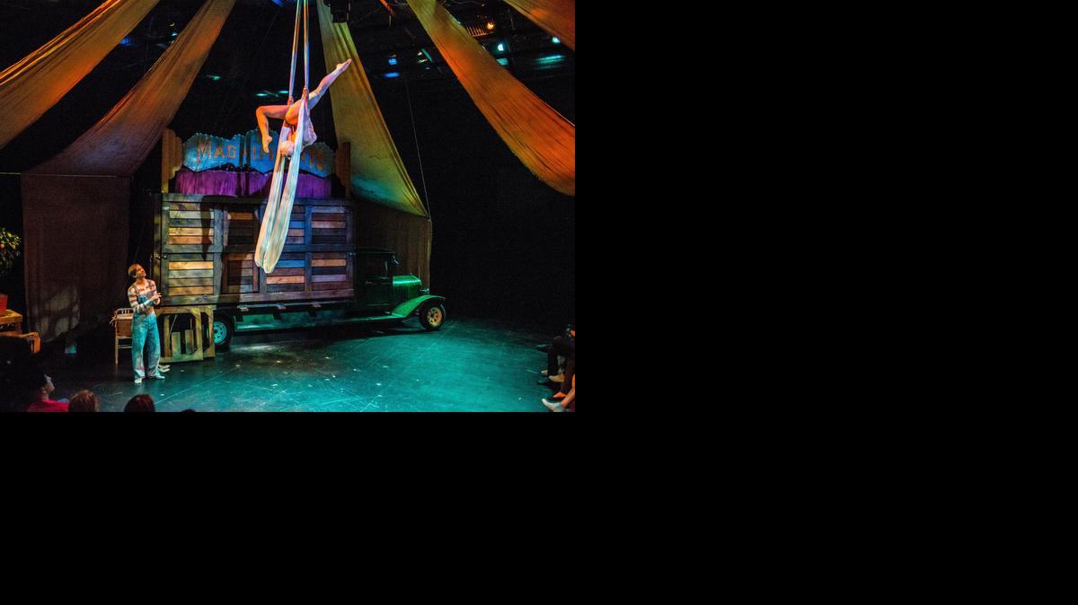 
Lucy Carapetyan soars above the stage as Chris Mathews watches in ‘The Magnificents’ at the Arsht Center.
