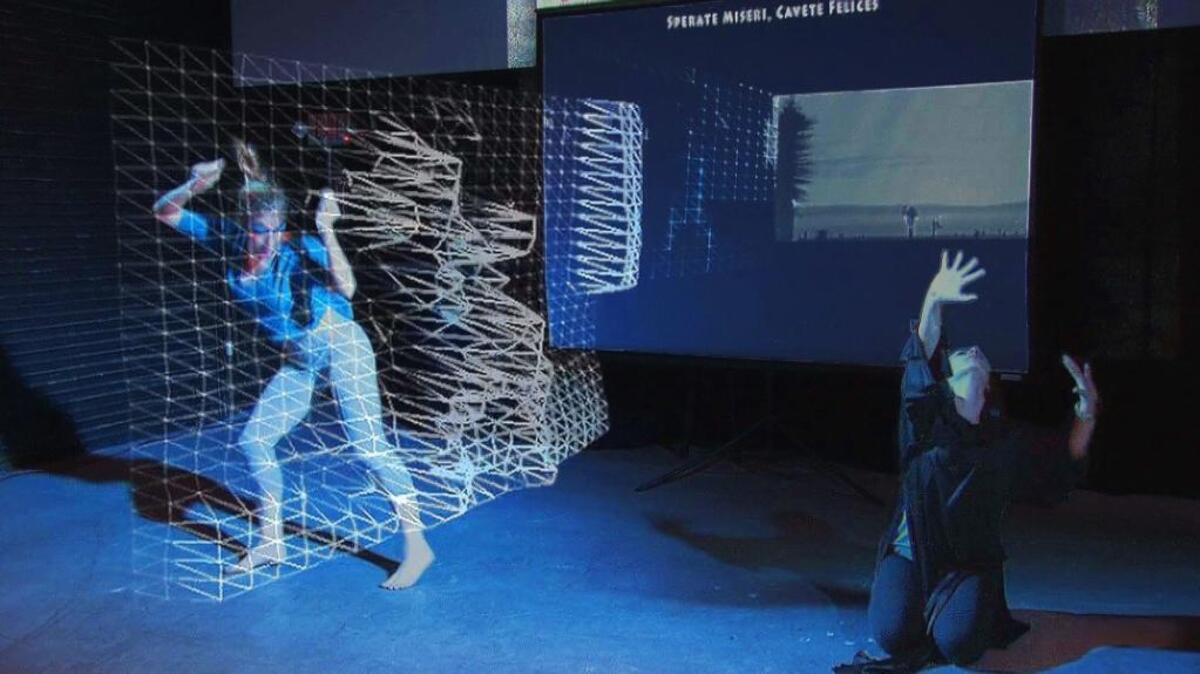 
A moment from the transmedia opera ‘MelanchoLalaland™’ merges images and live performers.
