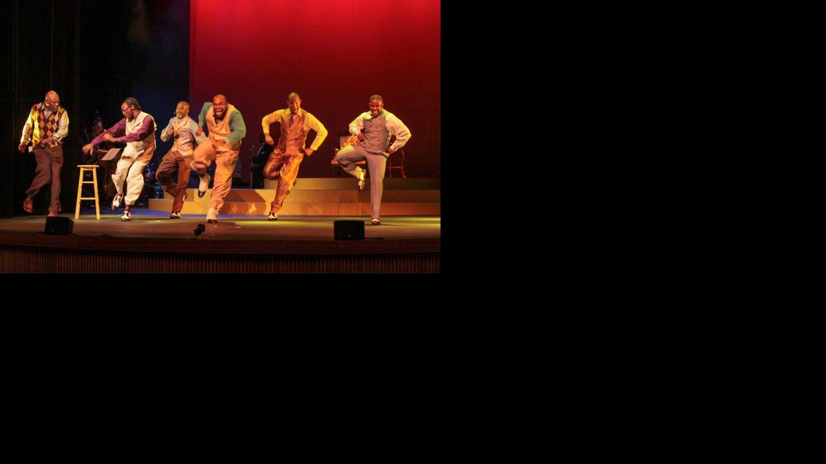 
John Williams, Jovan Jacobs, Reginald Everson, Donnie Sewarrd, Kunya Rowley and Vlad Dorson hoof up a storm in M Ensemble’s ‘Five Guys Named Moe’ at the Lyric Theater.

