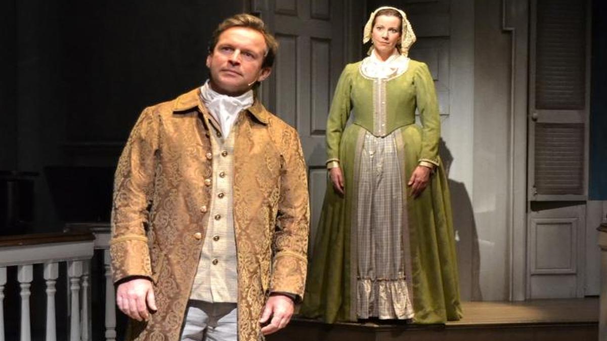 John Adams (Gary Cadwallader) and his wife Abigail(Laura Hodos) in ‘1776.’