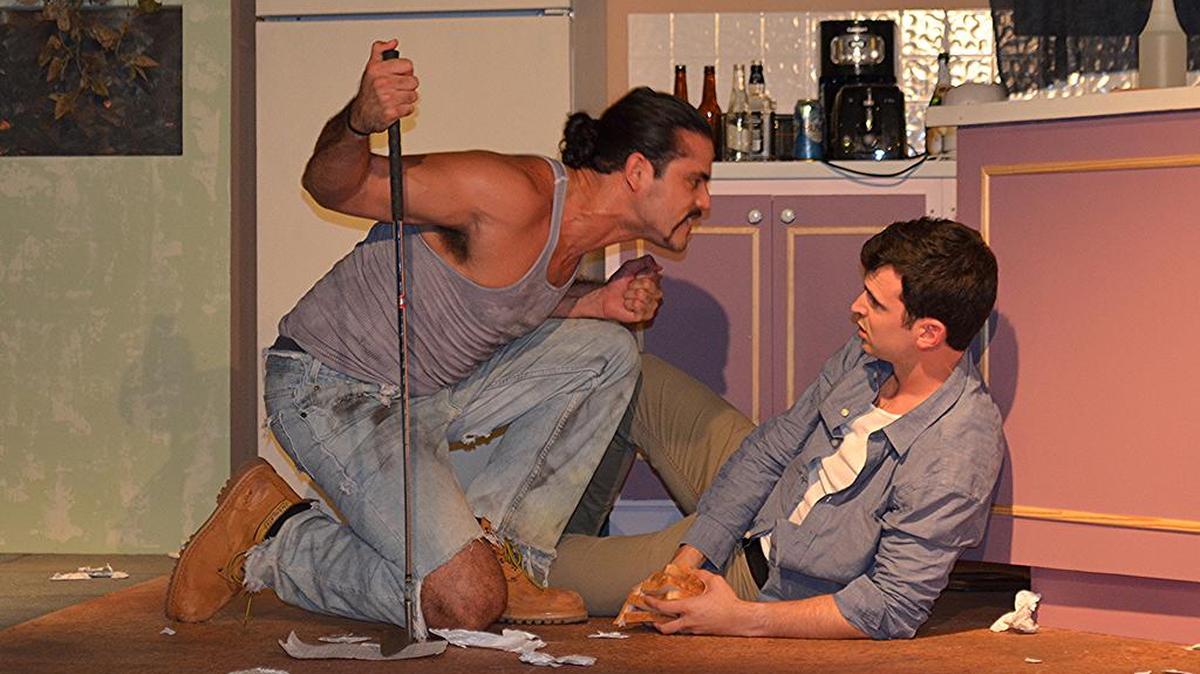 Christopher Millan’s Lee intimidates Tyler Grimes as his brother Austin in Main Street Players’ ‘True West.’