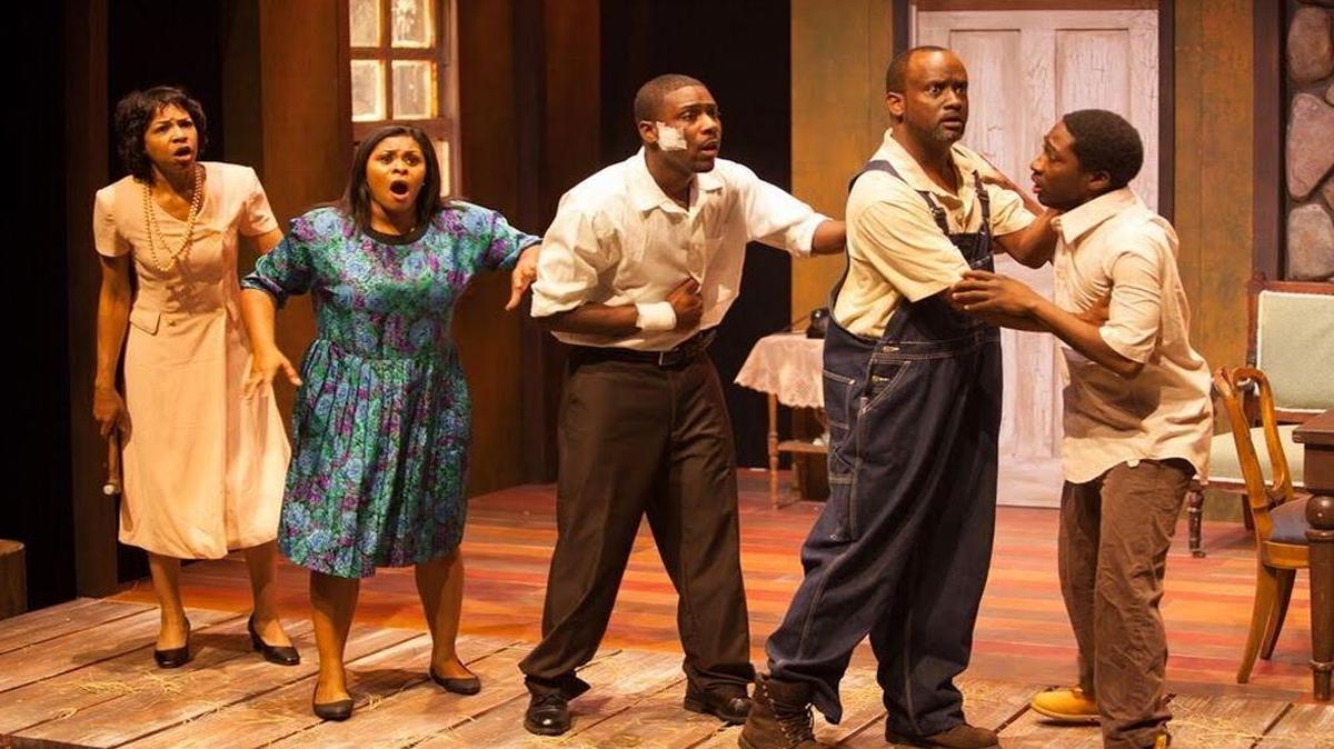 The cast of M Ensemble’s ‘Brothers of the Dust’ spots approaching disaster in the production at Miami’s Sandrell Rivers Theater.