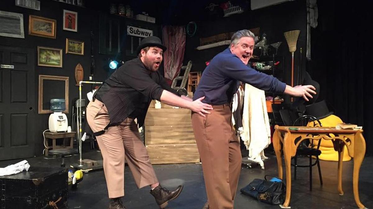 
Scott Douglas Wilson and Mark Duncan celebrate showbiz as they wait to go on in Thinking Cap Theatre’s ‘Waiting for Waiting for Godot.’

