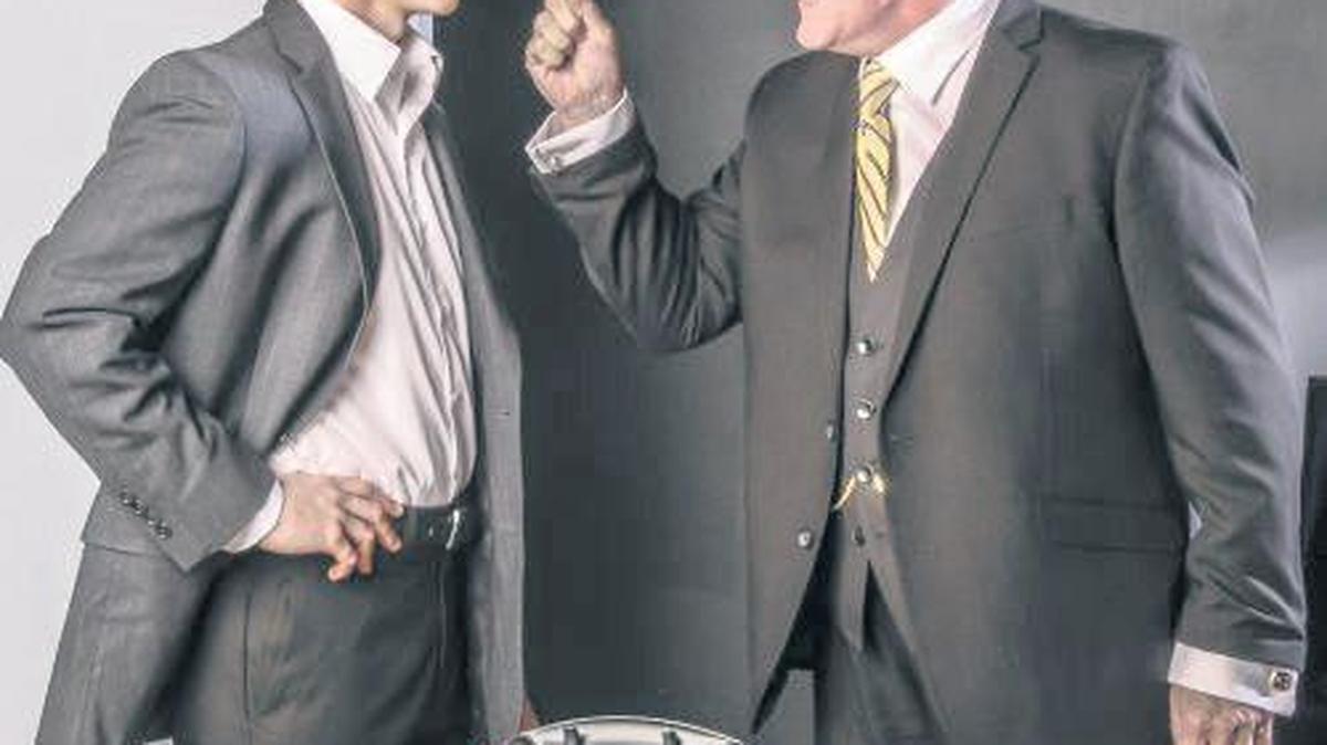 Iain Batchelor as Thomas J. Watson Jr. is angrily confronted by Stephen G. Anthony as Thomas J. Watson Sr. in the GableStage world premiere of James Grippando’s ‘Watson.’