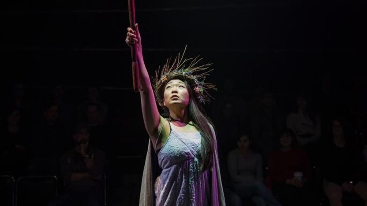 Deanna Myers as Katherine Grey lifts the hammer in Part One of the House Theatre’s ‘The Hammer Trinity’ at Miami’s Arsht Center.