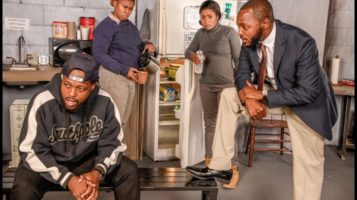 Jean Hyppolite, Patrice DeGraff Arenas and Rita Cole express their job fears to Jovon Jacobs in Dominique Morriseau’s ‘Skeleton Crew’ at GableStage.