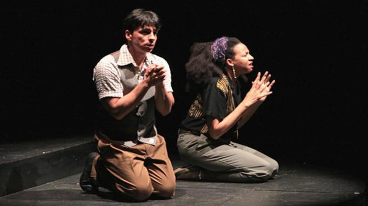 
Andy Barbosa and Carey Brianna Hart try prayer in M Ensemble’s ‘The Gift Horse.’
