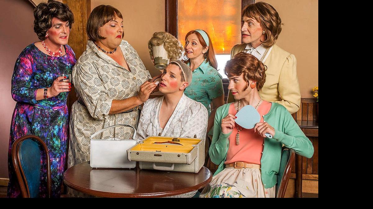 
Wayne LeGette, Roland Rusinek, Irene Adjan, Kevin Reilley and Cliff Burgess (seated at right) give Ryan Didato a makeover in ‘Casa Valentina’ at GableStage.


