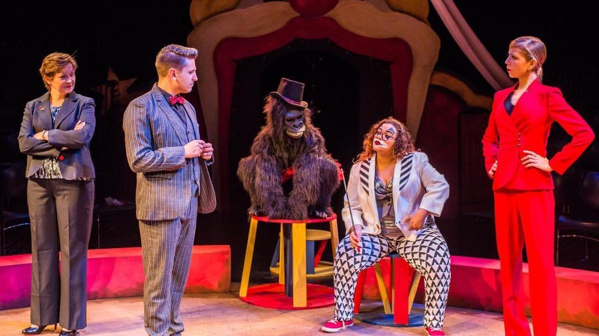 From left, Laura Turnbull, Ryan Didato, Vanessa Elise and Autumn Kioti go to court as an unusual observer looks in in the Zoetic Stage world premiere of ‘Wrongful Death and Other Circus Acts.’