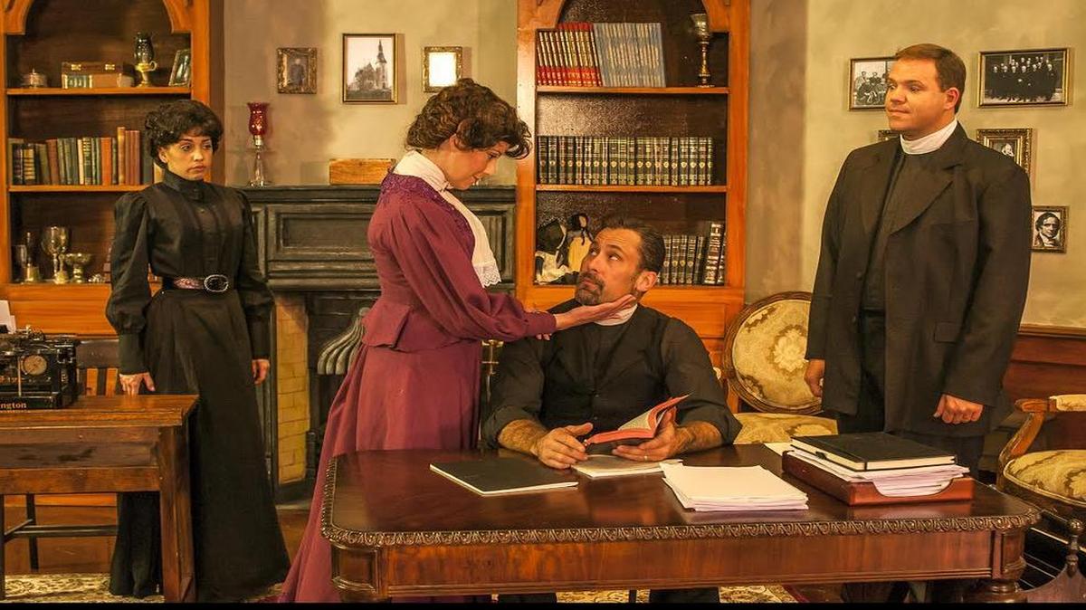 Leah Sessa (left) and Shane Tanner (right) look on as Laura Hodos has a tender word with Jim Ballard in ‘A Minister’s Wife’ at GableStage.