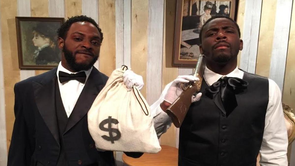 Jovon Jacobs (left) and Marquise Rogers try to pull off a heist in ‘Them Beaux’ at Miami Theater Center’s SandBox.