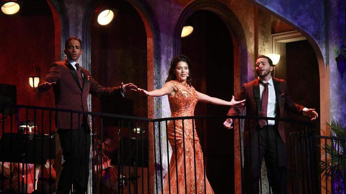 From left, Alexander Pimentel, Linedy Genao and Bruno Faria sing for the crowd in the world premiere of “Havana Music Hall” at Actors’ Playhouse.