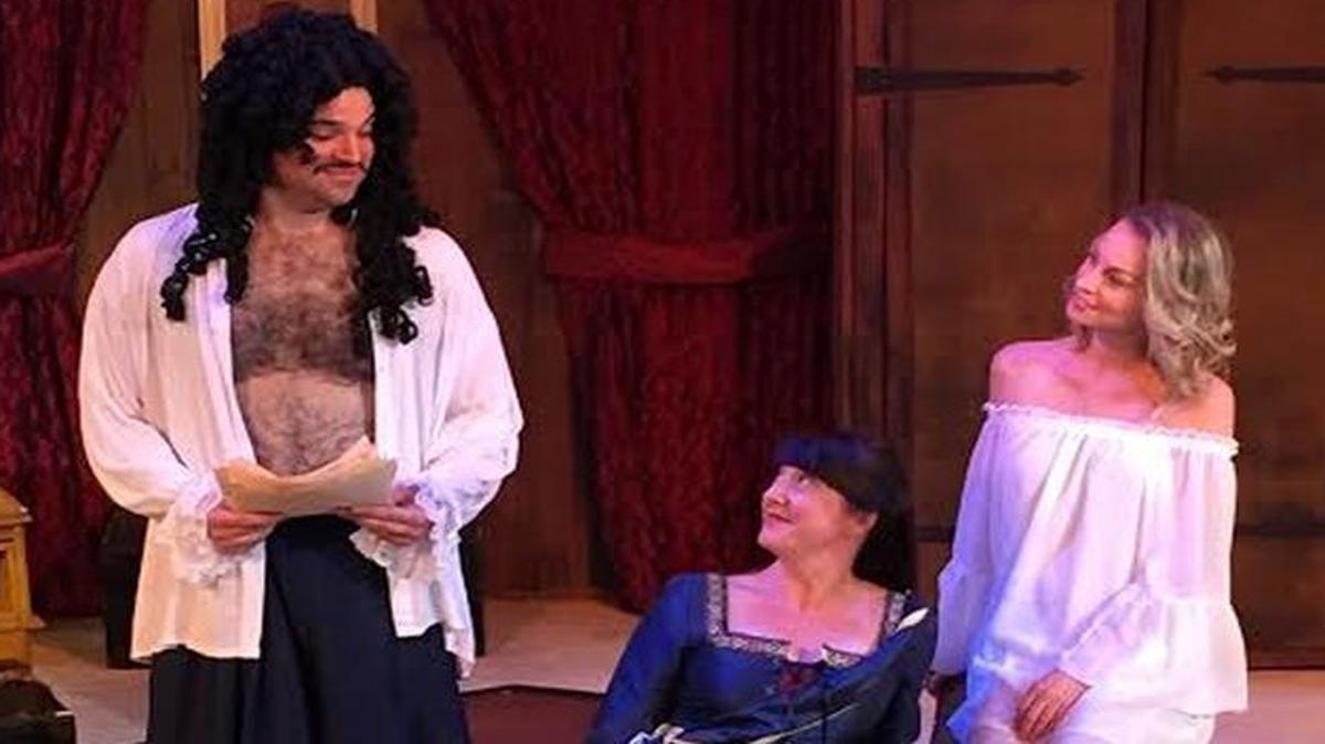 King Charles (Alex Alvarez) gets casual with playwright Aphra Behn (Niki Fridh) and actress Nell Gwynne (Betsy Graver) in Thinking Cap Theatre’s ‘Or.’