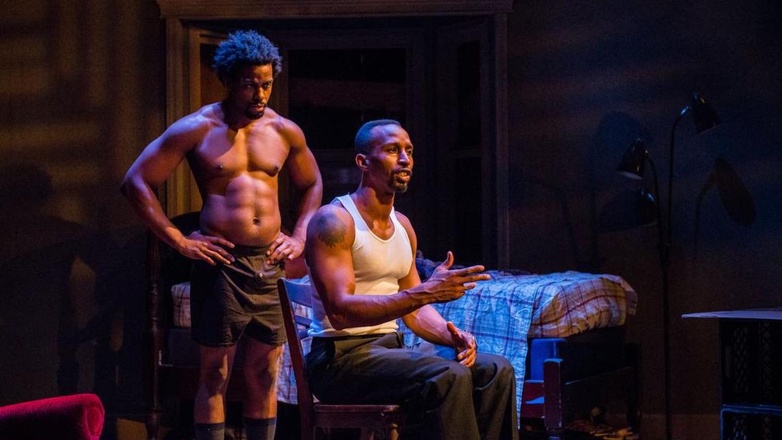 Marckenson Charles as Booth and Eddie Brown as Lincoln struggle to survive in Zoetic Stage’s “Topdog/Underdog” at the Arsht Center.