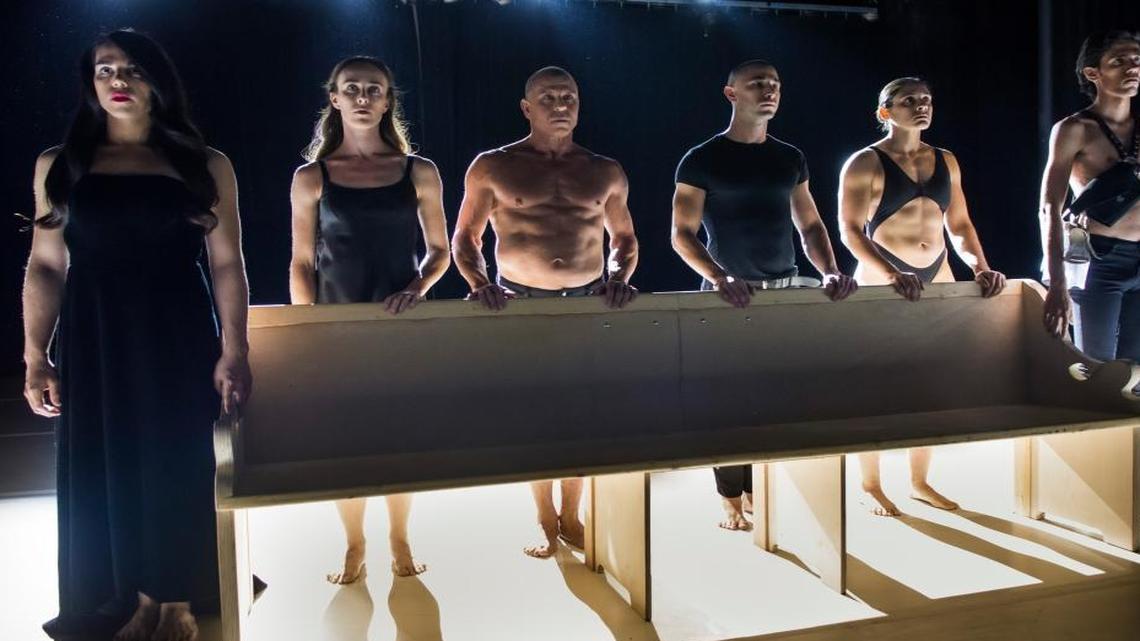 Performers in the Pioneer Winter Collective’s “Forced Entry and other love stories” at The Light Box at Goldman Warehouse in Wynwood