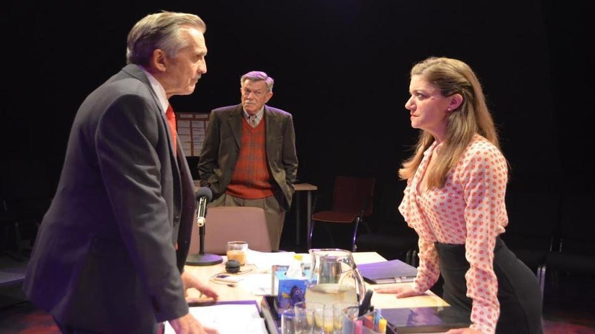Walt Disney (Peter Galman) confronts his daughter (Gretchen Porro) whil his brother Roy (Jim Gibbons) looks on.